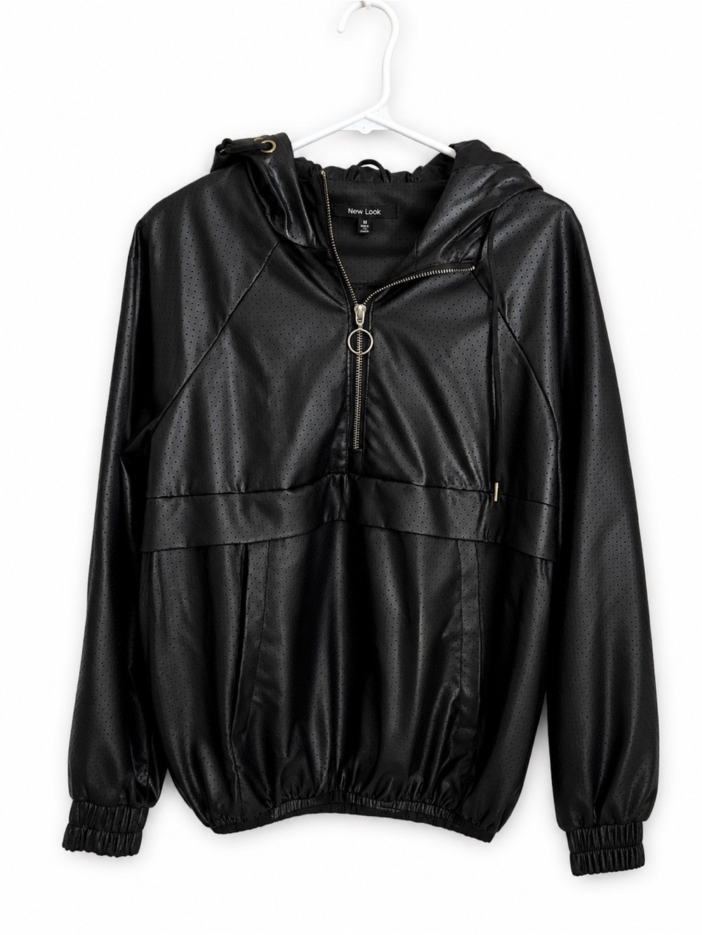 New Look Black Perforated Faux Leather Hooded Half-Zip Jacket